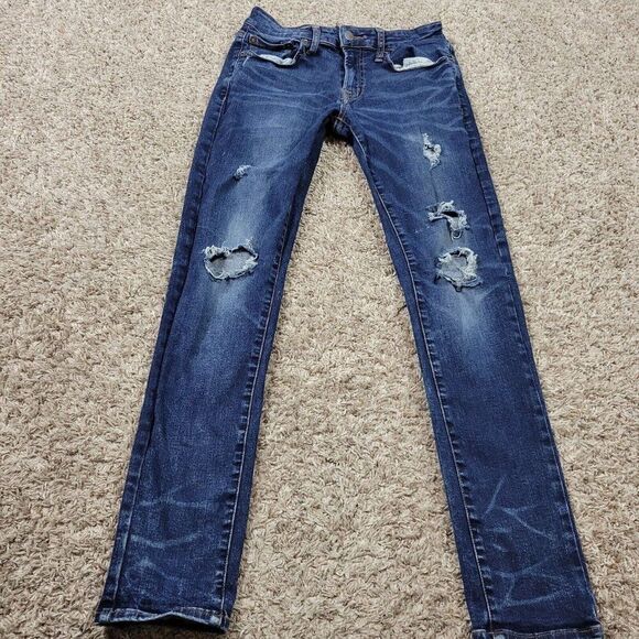 American Eagle Jeans Mens Tag 29x30.5 Tag 29x32 Skinny Distressed Dark Wash - Picture 1 of 9